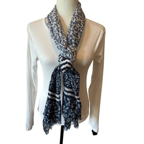 Blue White Paisley Pattern Scarf 70in Striped Frayed Edge Head Wrap Hijab Cruise - Picture 2 of 8